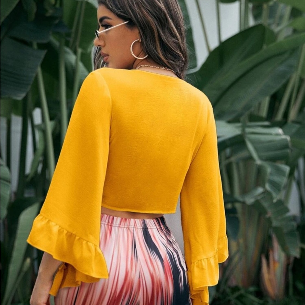 Yellow Ruffle Sleeve Tie-Front Top - Picture 3 of 3